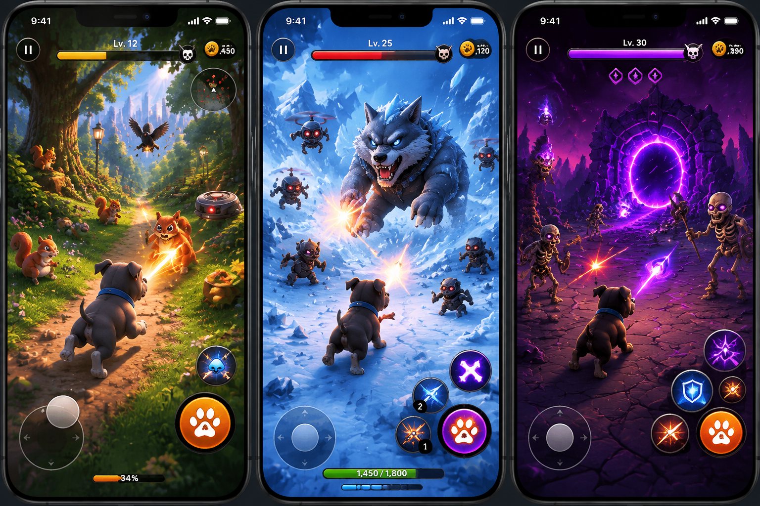 DOGGOS visual concept showing Forest, Frozen Peaks and Dark Realm